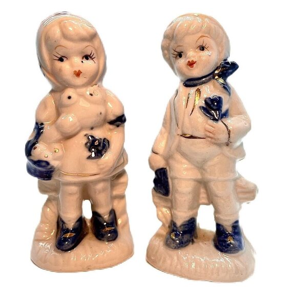 Old Dutch International Other - Vintage Holland Figurine Set Farm Boy Girl On Bench Porcelain Blue White Gold